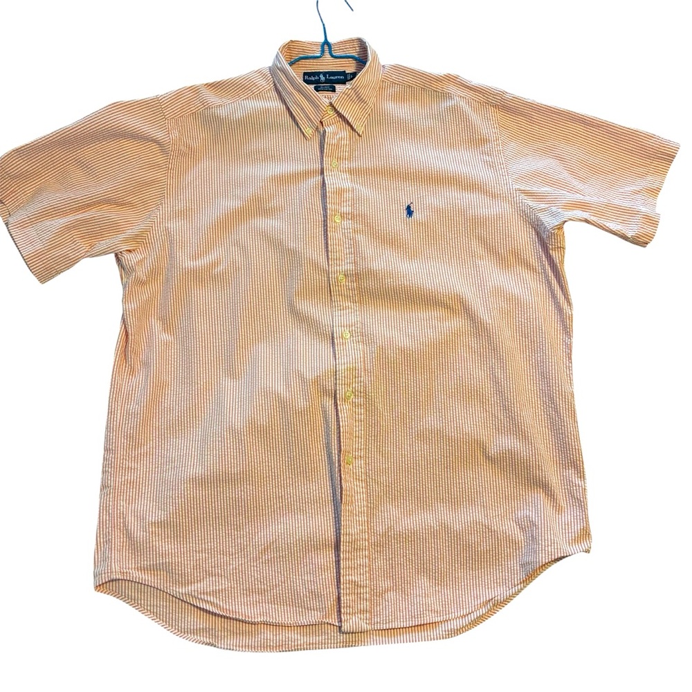 Polo Ralph Lauren Seersucker Shirt Short Sleeve Orange White Woven Signature